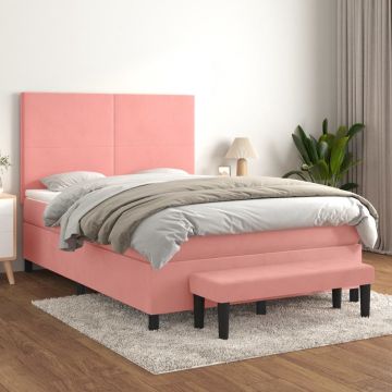 vidaXL Boxspring met matras fluweel roze 140x190 cm