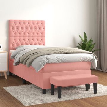 vidaXL Boxspring met matras fluweel roze 90x190 cm