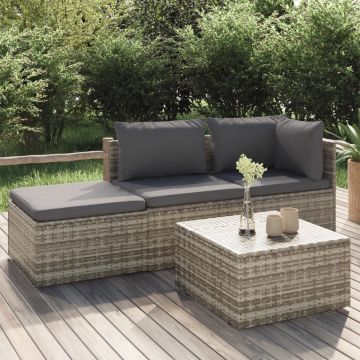 vidaXL 4-delige Loungeset met kussens poly rattan grijs