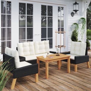 vidaXL 4-delige Loungeset met kussens poly rattan en massief hout