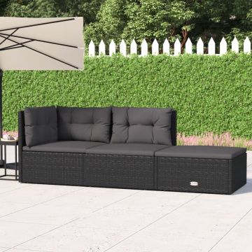 vidaXL 3-delige Loungeset met kussens poly rattan zwart