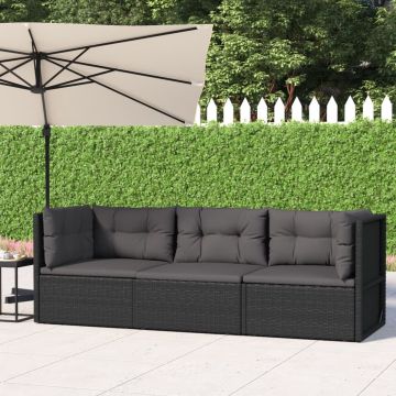 vidaXL 3-delige Loungeset met kussens poly rattan zwart