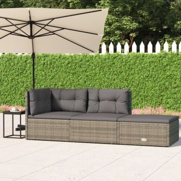 vidaXL 3-delige Loungeset met kussens poly rattan grijs