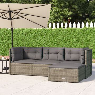 vidaXL 4-delige Loungeset met kussens poly rattan grijs