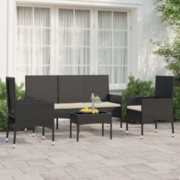 vidaXL 4-delige Loungeset met kussens poly rattan zwart