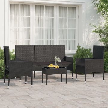 vidaXL 4-delige Loungeset met kussens poly rattan zwart