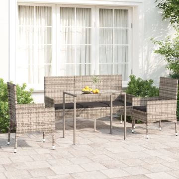 vidaXL 4-delige Loungeset met kussens poly rattan grijs