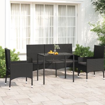 vidaXL 4-delige Loungeset met kussens poly rattan zwart