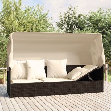 vidaXL Loungebed met luifel en kussens poly rattan bruin