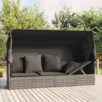 vidaXL Loungebed met luifel en kussens poly rattan grijs