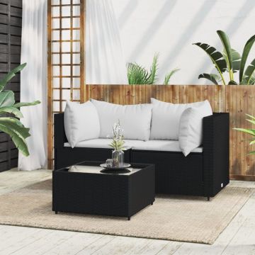 vidaXL 3-delige Loungeset met kussens poly rattan zwart