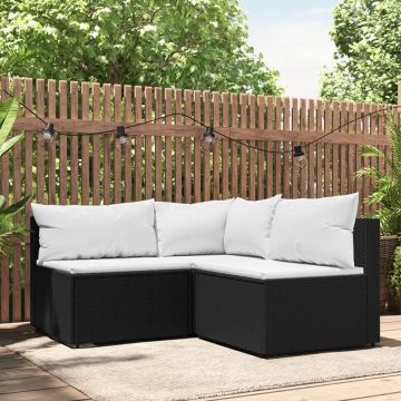 vidaXL 3-delige Loungeset met kussens poly rattan zwart