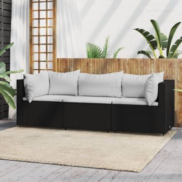 vidaXL 3-delige Loungeset met kussens poly rattan zwart