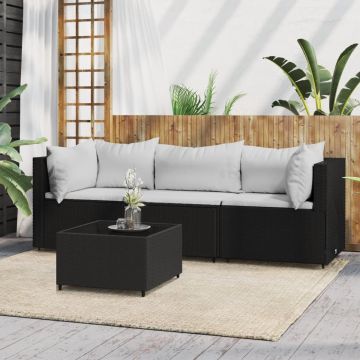 vidaXL 4-delige Loungeset met kussens poly rattan zwart