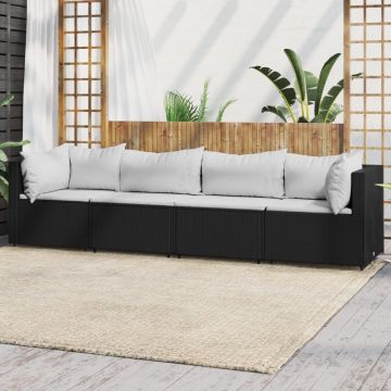 vidaXL 4-delige Loungeset met kussens poly rattan zwart