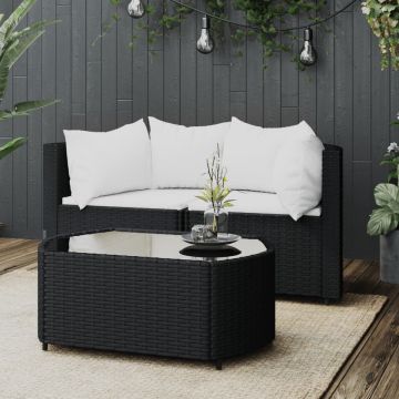 vidaXL 3-delige Loungeset met kussens poly rattan zwart