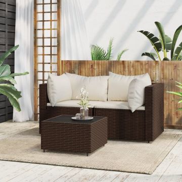 vidaXL 3-delige Loungeset met kussens poly rattan bruin