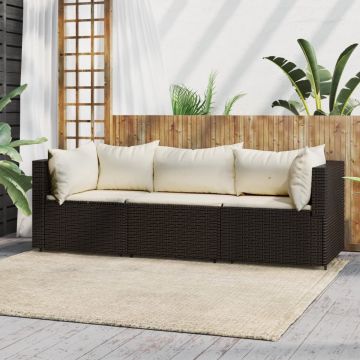 vidaXL 3-delige Loungeset met kussens poly rattan bruin