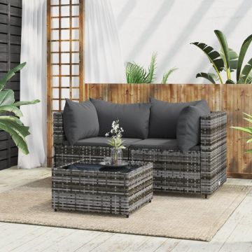 vidaXL 3-delige Loungeset met kussens poly rattan grijs