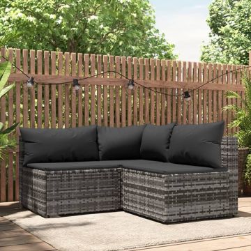 vidaXL 3-delige Loungeset met kussens poly rattan grijs