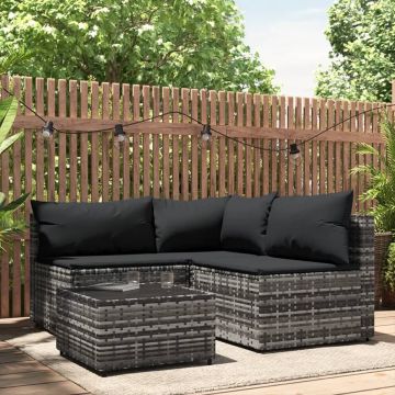 vidaXL 4-delige Loungeset met kussens poly rattan grijs