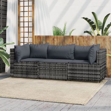 vidaXL 3-delige Loungeset met kussens poly rattan grijs