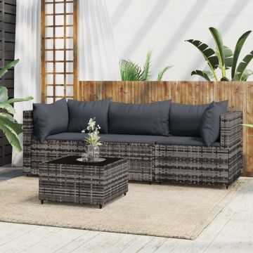 vidaXL 4-delige Loungeset met kussens poly rattan grijs