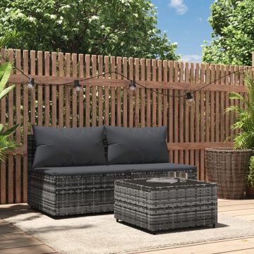 vidaXL 3-delige Loungeset met kussens poly rattan grijs