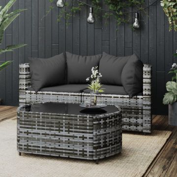 vidaXL 3-delige Loungeset met kussens poly rattan grijs