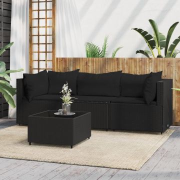 vidaXL 4-delige Loungeset met kussens poly rattan zwart