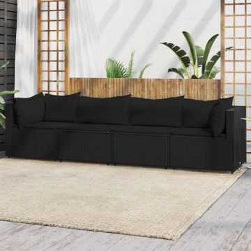 vidaXL 4-delige Loungeset met kussens poly rattan zwart