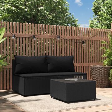 vidaXL 3-delige Loungeset met kussens poly rattan zwart