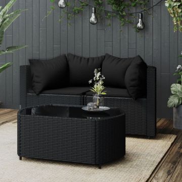 vidaXL 3-delige Loungeset met kussens poly rattan zwart