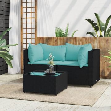 vidaXL 3-delige Loungeset met kussens poly rattan zwart