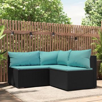 vidaXL 3-delige Loungeset met kussens poly rattan zwart