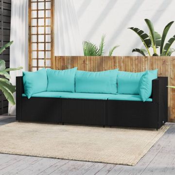 vidaXL 3-delige Loungeset met kussens poly rattan zwart