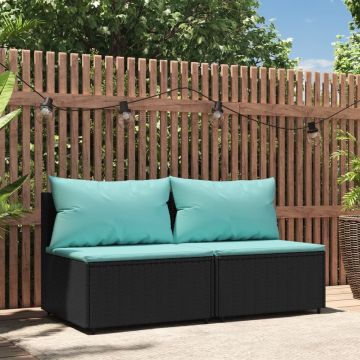 vidaXL Tuinmiddenbanken met kussens 2 st poly rattan zwart