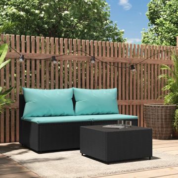 vidaXL 3-delige Loungeset met kussens poly rattan zwart