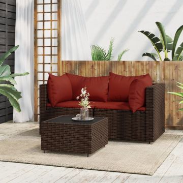 vidaXL 3-delige Loungeset met kussens poly rattan bruin