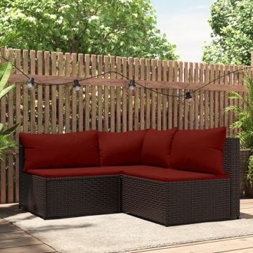 vidaXL 3-delige Loungeset met kussens poly rattan bruin