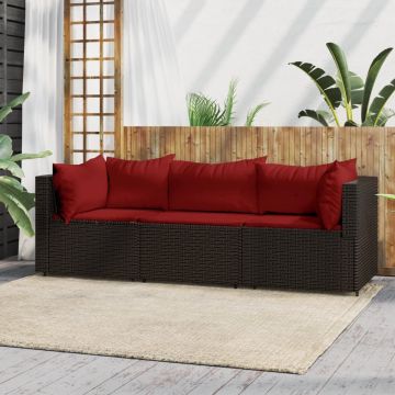 vidaXL 3-delige Loungeset met kussens poly rattan bruin