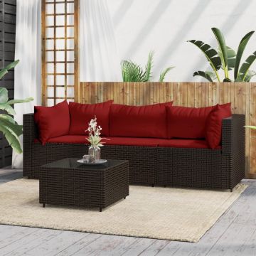 vidaXL 4-delige Loungeset met kussens poly rattan bruin