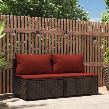 vidaXL Tuinmiddenbanken met kussens 2 st poly rattan bruin