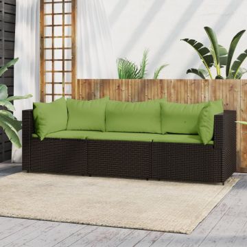 vidaXL 3-delige Loungeset met kussens poly rattan bruin