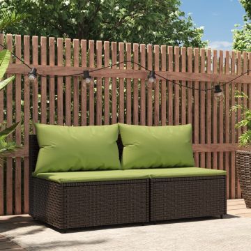 vidaXL Tuinmiddenbanken met kussens 2 st poly rattan bruin