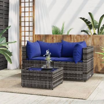 vidaXL 3-delige Loungeset met kussens poly rattan grijs