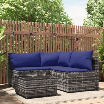 vidaXL 4-delige Loungeset met kussens poly rattan grijs