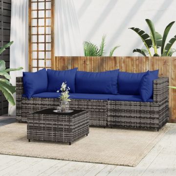 vidaXL 4-delige Loungeset met kussens poly rattan grijs