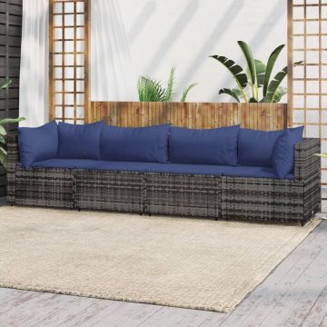 vidaXL 4-delige Loungeset met kussens poly rattan grijs