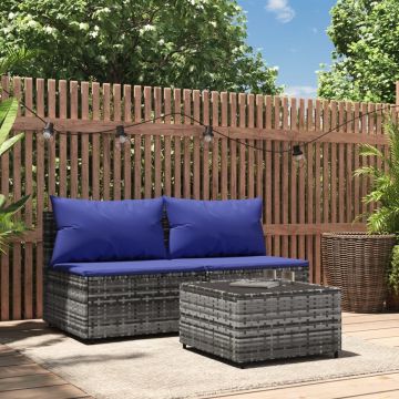 vidaXL 3-delige Loungeset met kussens poly rattan grijs